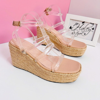  Giày cói sandal trong 9cm HALEY STORE đế xuồng nâu quai trong bảng khóa cài tiểu thư công chúa đi chơi đi làm du lịch 