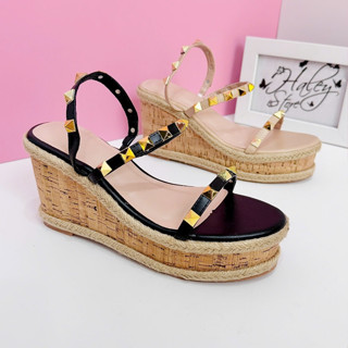  Giày sandal cói đinh HALEY STORE gót 9cm đế xuồng nâu quai kéo tiểu thư công chúa đi chơi đi làm đi chơi du lịch biển 