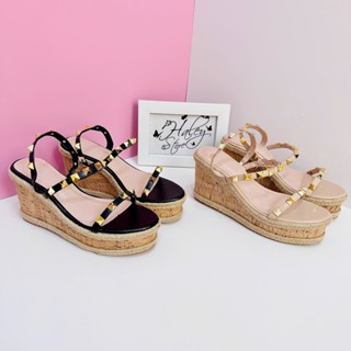  Giày sandal cói đinh HALEY STORE gót cao 9p đế xuồng nâu quai kéo tiểu thư công chúa đi chơi đi làm đi chơi du lịch 