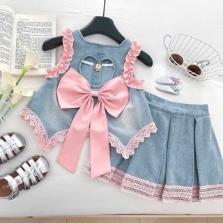  TENGTENG KIDS - 23 - SET VÁY BÒ ÁO SÁT NÁCH PHỐI NƠ HỒNG KÈM CHÂN VÁY XẾP LY CAO CẤP 