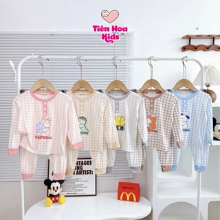   Bé 7-32kg  Bộ Dài Tay Thun Lạnh Phối Caro Cổ Trụ In Hình Minky Mom Mềm Mịn Mát Cho Bé Trai Bé Gái Đi Học Đi Chơi 