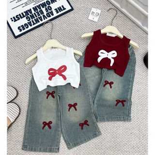  TENGTENG KIDS - 14 - SET ÁO SÁT NÁCH QUẦN THÊU DÀI THÊU NƠ MÀU PASTEL XINH IU CHO BÉ 