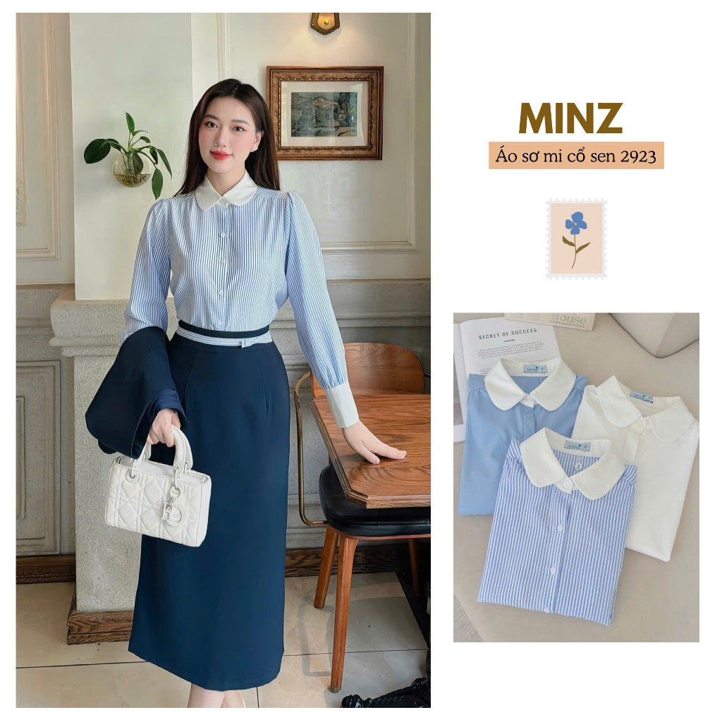Áo Sơ Mi Cổ Sen MINZ STORE Mã 2923, Thiết Kế Dài Tay Phong Cách Công Sở
