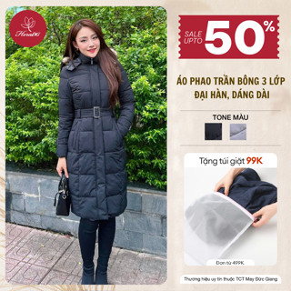 Áo khoác phao nữ cao cấp dáng dài HeraDG túi chéo mũ lông và đai eo tháo rời vải gió chống nước chống bám bụi WJKBD4016