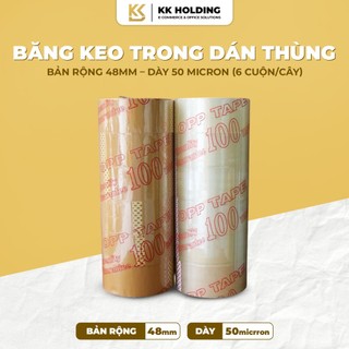  Băng keo trong dán thùng 48mm dày 50mic – 1.2kg 100y   1.8kg 200y   2kg 300y  6 cuộn cây  