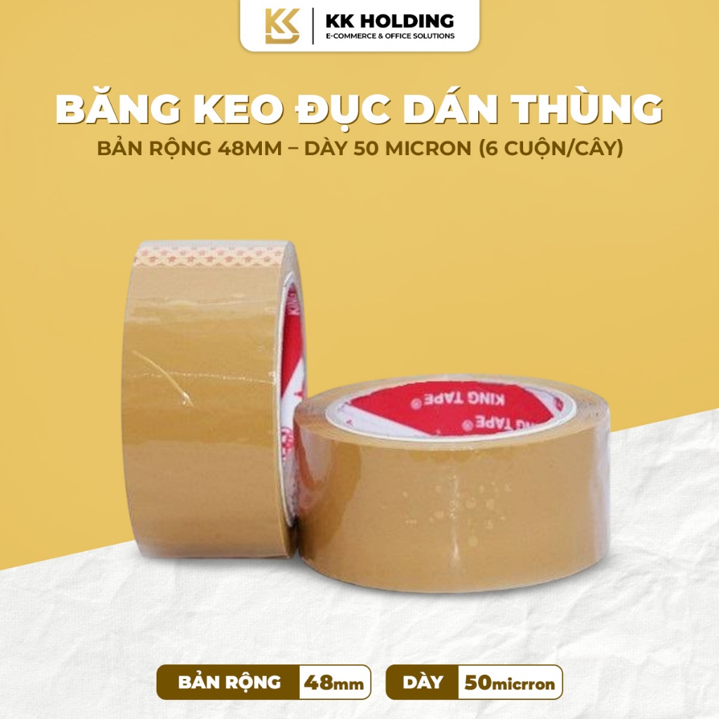 Băng keo đục dán thùng 48mm dày 50mic – 1.2kg 100y / 1.8kg 200y / 2kg 300y (6 cuộn/cây)