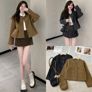   K KÈM TÚI  Áo dạ nữ A.785 Áo dạ ép cổ tròn dáng lửng 2 lớp dày dặn lót gió thêu viền nổi cúc dọc basic - Shop Chấm Bi 