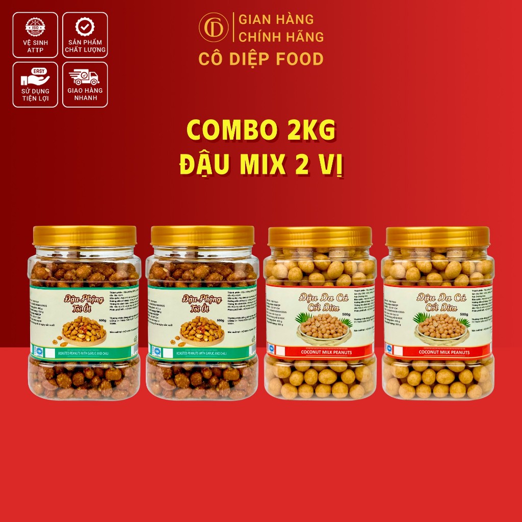 2KG Đậu Phộng Mix 2 Vị [1KG Đậu Phộng Tỏi Ớt L1+1KG Đậu Phộng Cốt Dừa L1] (Đầy Đủ Hồ Sơ Công Bố & Kiểm Nghiệm Sản Phẩm)