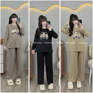  Bộ bầu - bộ sau sinh - BỘ DÀI TĂM HÌNH 3 CON LABUBU CỔ TRÒN ÁO VÉN TI,quần có chun chỉnh - 5 Màu 