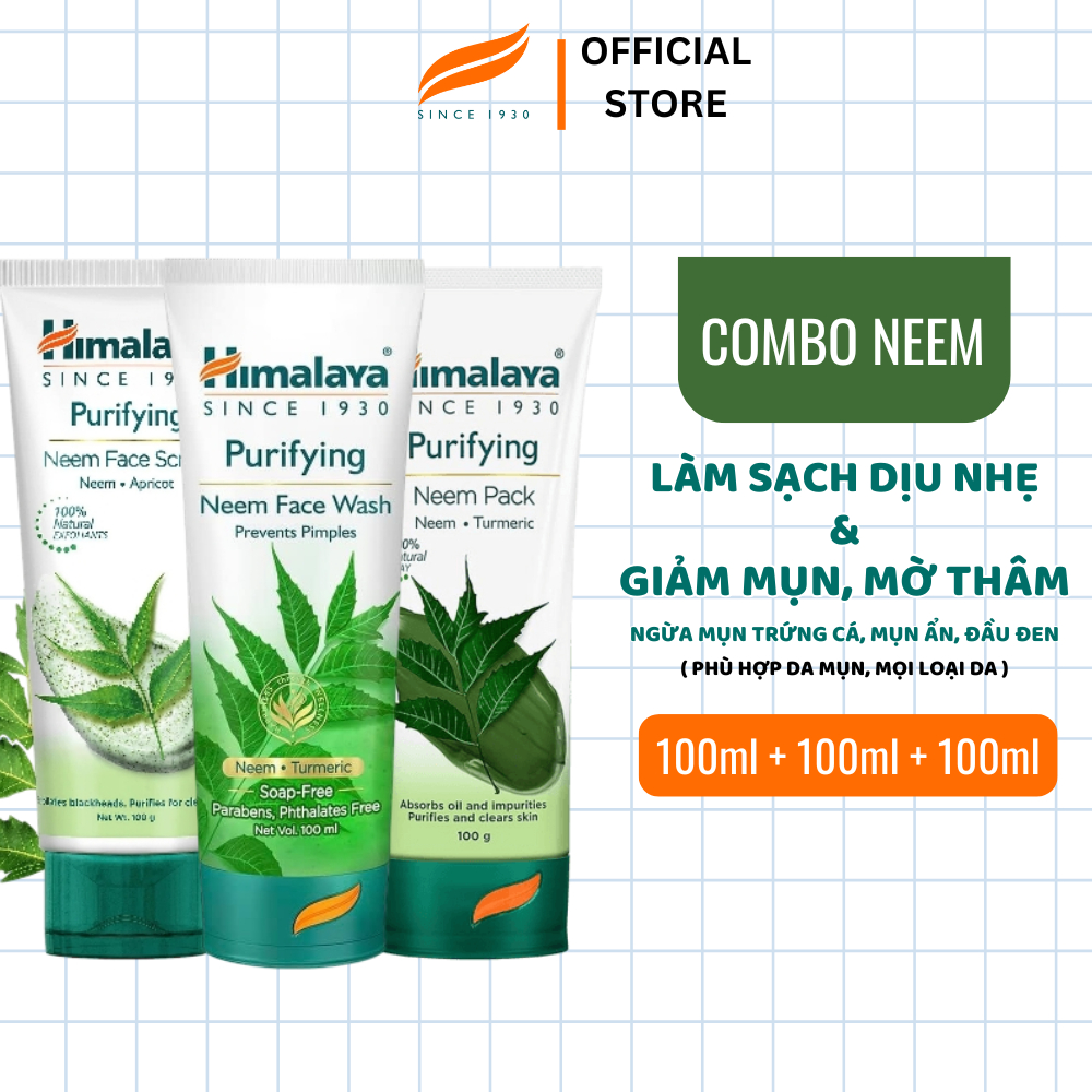 Combo sạch mụn bã nhờn Himalaya Neem cho da mụn Face wash 100ml + Neem Scrub 100ml + Neem Face Pack 