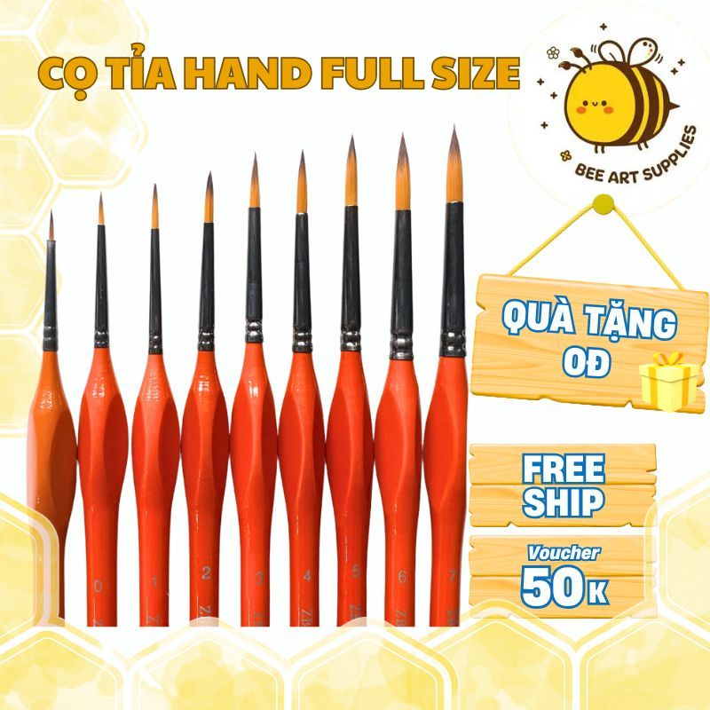 Cọ Vẽ Tỉa Hand Thân Vàng Đầu Tròn Full Size 000–10 – Lông Mảnh, Nét Chính Xác, Dễ Tô Màu Nước, Gouache - Beeart