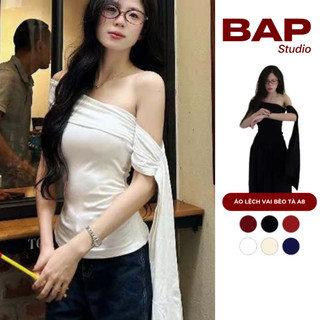  Áo trễ vai áo lệch vai nữ tay ngắn BAPSTUDIO thiết kế bèo tà cách điệu phong cách tiểu thư Hàn Quốc A8 