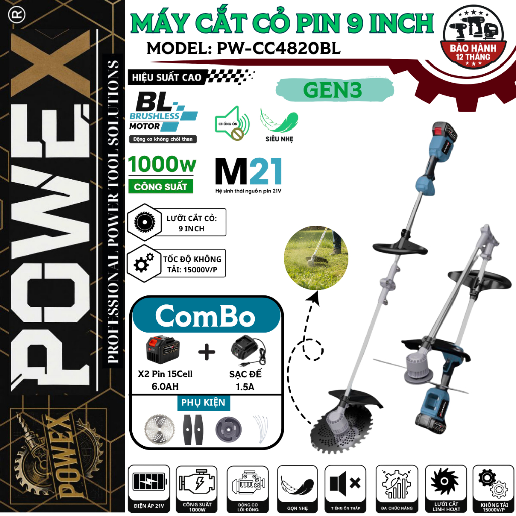 Máy cắt cỏ Powex PW-CC4820BL, động cơ không chổi than 1000W, lưỡi 9 inch, hiệu suất cao, chính hãng
