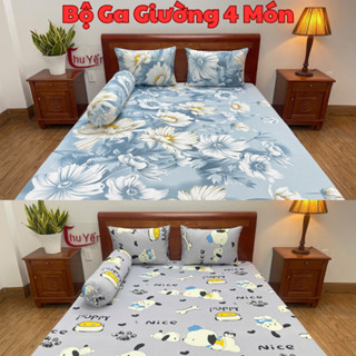 Bộ Ga Giường Thun lạnh Họa tiết nhiều màu - 4 món Ga và Áo Gối Thun Silk, Co Giãn, Thoáng Khí