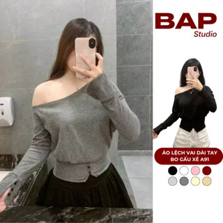 Áo lệch vai dài tay bo gấu BAP STUDIO, xẻ 6 màu cách điệu nữ tính thời trang thu đông chất mềm mịn A91