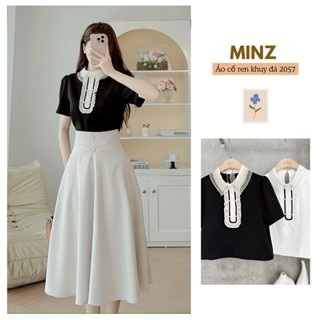 Áo Cổ Ren Khuy Đá MINZ STORE Mã 2057, Thiết Kế Ngắn Tay Phong Cách Hàn Quốc