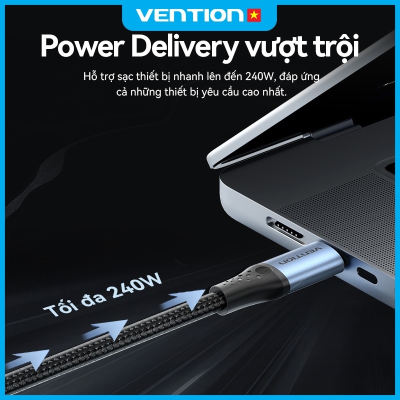Cáp Sạc Nhanh Vention 240W Type C, Tốc Độ 480Mbps, Đầu Hợp Kim Nhôm Mạ Niken Bền Chắc Dây Dù Bện 4mm | BigBuy360 - bigbuy360.vn