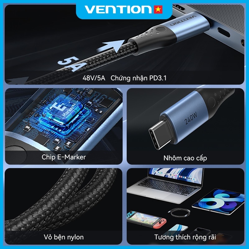 Cáp Sạc Nhanh Vention 240W Type C, Tốc Độ 480Mbps, Đầu Hợp Kim Nhôm Mạ Niken Bền Chắc Dây Dù Bện 4mm | BigBuy360 - bigbuy360.vn