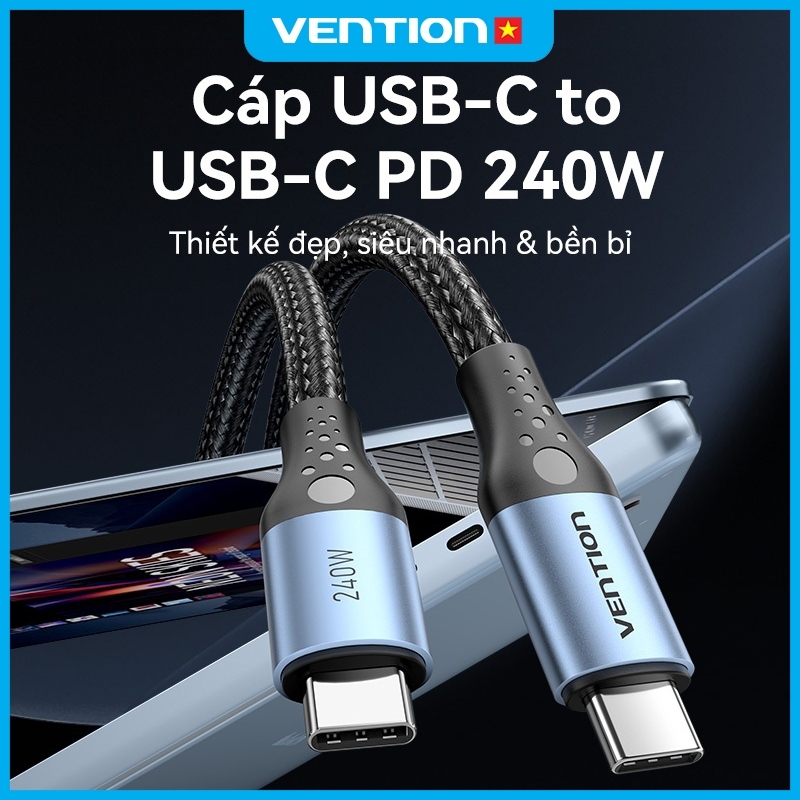 Cáp Sạc Nhanh Vention 240W Type C, Tốc Độ 480Mbps, Đầu Hợp Kim Nhôm Mạ Niken Bền Chắc Dây Dù Bện 4mm | BigBuy360 - bigbuy360.vn
