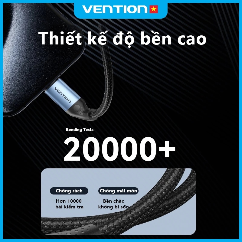 Cáp Sạc Nhanh Vention 240W Type C, Tốc Độ 480Mbps, Đầu Hợp Kim Nhôm Mạ Niken Bền Chắc Dây Dù Bện 4mm | BigBuy360 - bigbuy360.vn