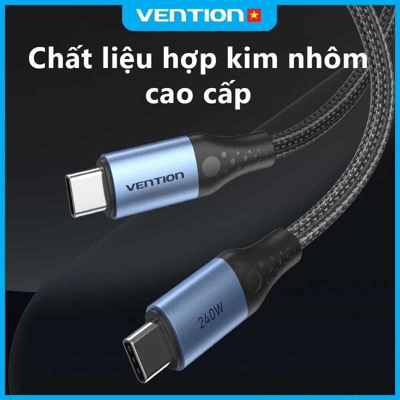 Cáp Sạc Nhanh Vention 240W Type C, Tốc Độ 480Mbps, Đầu Hợp Kim Nhôm Mạ Niken Bền Chắc Dây Dù Bện 4mm | BigBuy360 - bigbuy360.vn