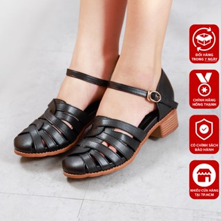  Sandal Nữ Bít Mũi HỒNG THẠNH Giày Gót Vuông Cao 4F Quai Đan Vintage Đen & Kem - 8783 