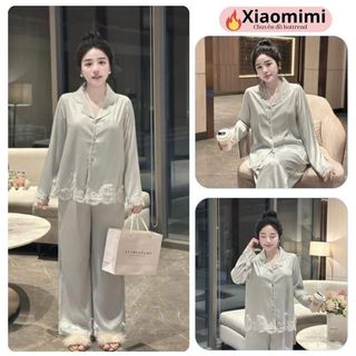  PIjama lụa satin HCOM26591 cao cấp dài tay phối ren ngực cổ tay đồ ngủ nữ mặc nhà sang trọng Xiaomimi 