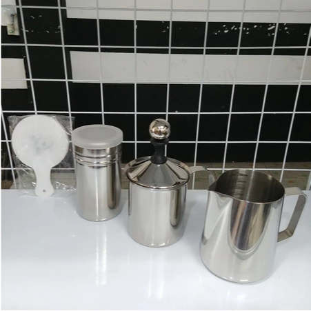 COMBO DỤNG CỤ PHA CHẾ TẠO BỌT (CA ĐÁNH SỮA, CA RÓT SỮA 350ML, KHUÔN, LỌ RẮC BỘT)
