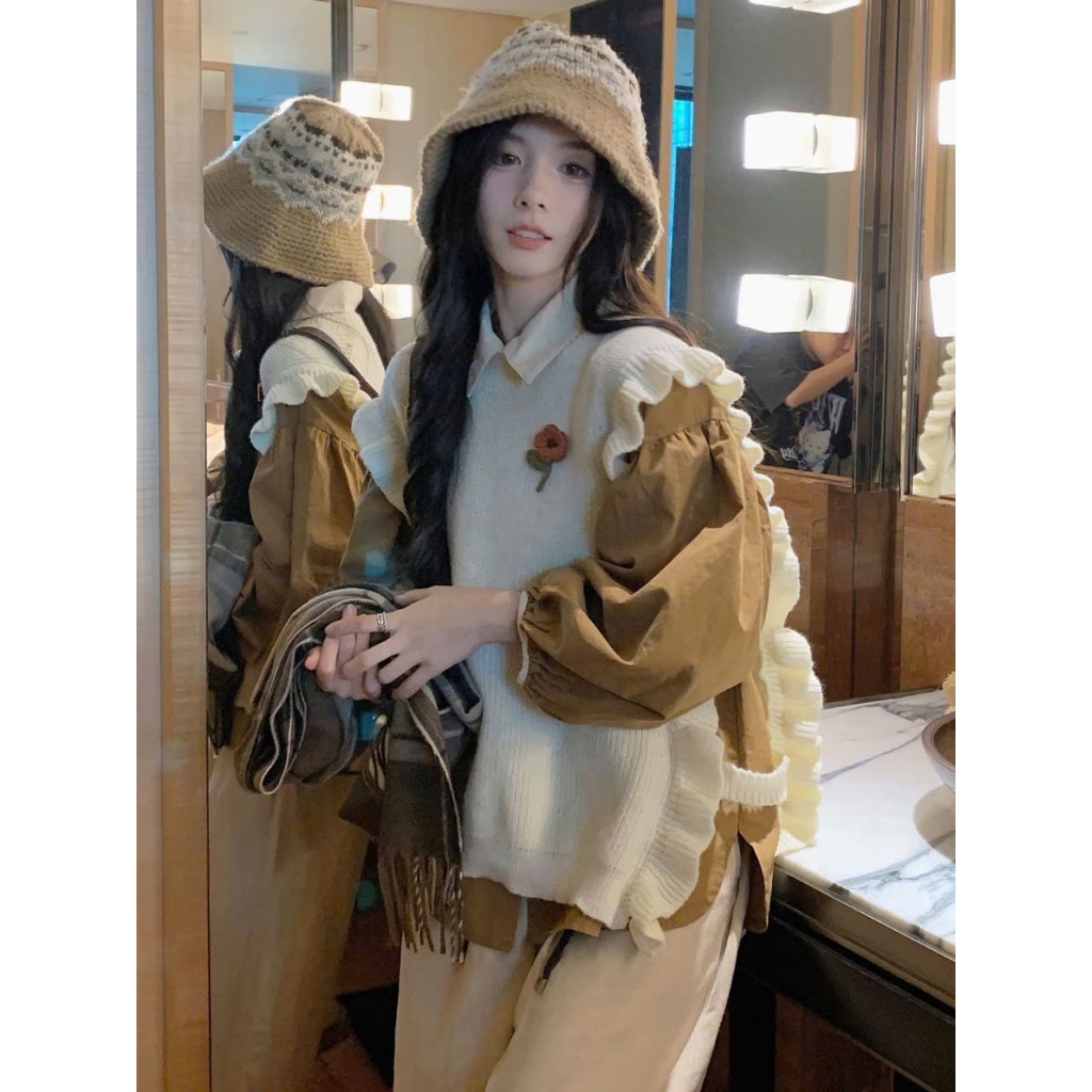 Áo Len Gile Nữ Dáng Rộng Viền Bèo Vintage, Phối Layer Áo Sơ Mi Tay Phồng Nâu Bohemian