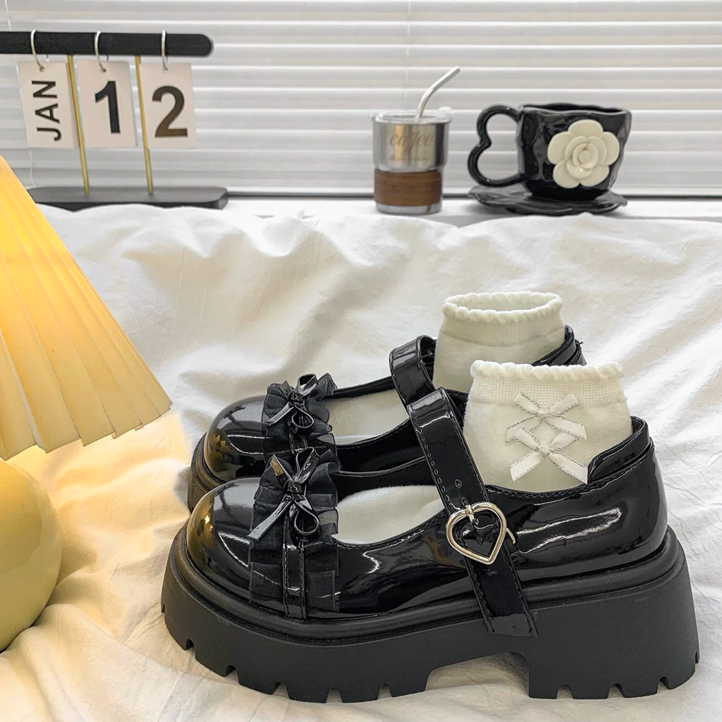 (Hàng Loại 1) Giày Búp Bê Lolita Nữ Đế Cao 4-5cm Da Bóng Mã 44 REN Xếp | BigBuy360 - bigbuy360.vn