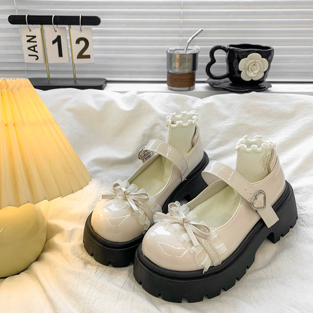 (Hàng Loại 1) Giày Búp Bê Lolita Nữ Đế Cao 4-5cm Da Bóng Mã 44 REN Xếp | BigBuy360 - bigbuy360.vn