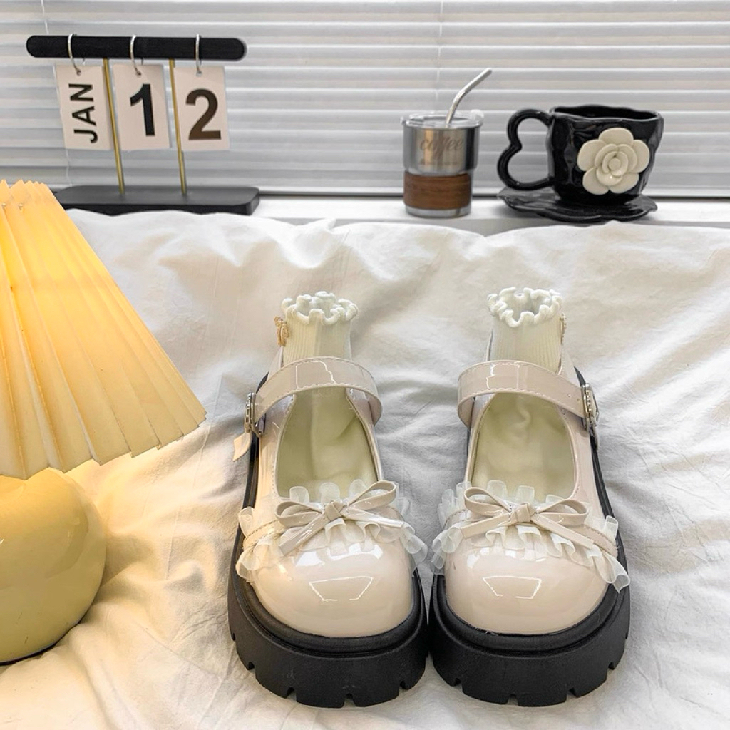 (Hàng Loại 1) Giày Búp Bê Lolita Nữ Đế Cao 4-5cm Da Bóng Mã 44 REN Xếp | BigBuy360 - bigbuy360.vn