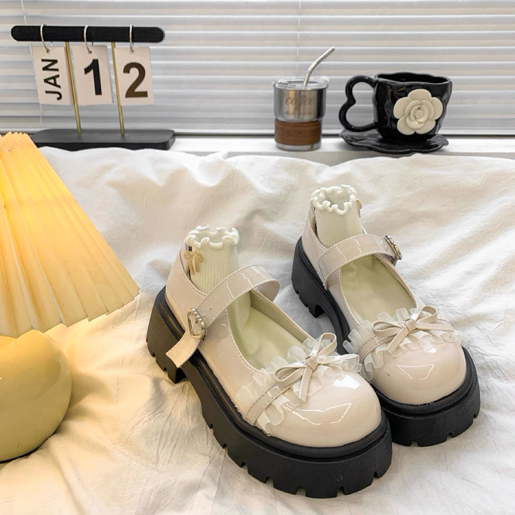 (Hàng Loại 1) Giày Búp Bê Lolita Nữ Đế Cao 4-5cm Da Bóng Mã 44 REN Xếp | BigBuy360 - bigbuy360.vn