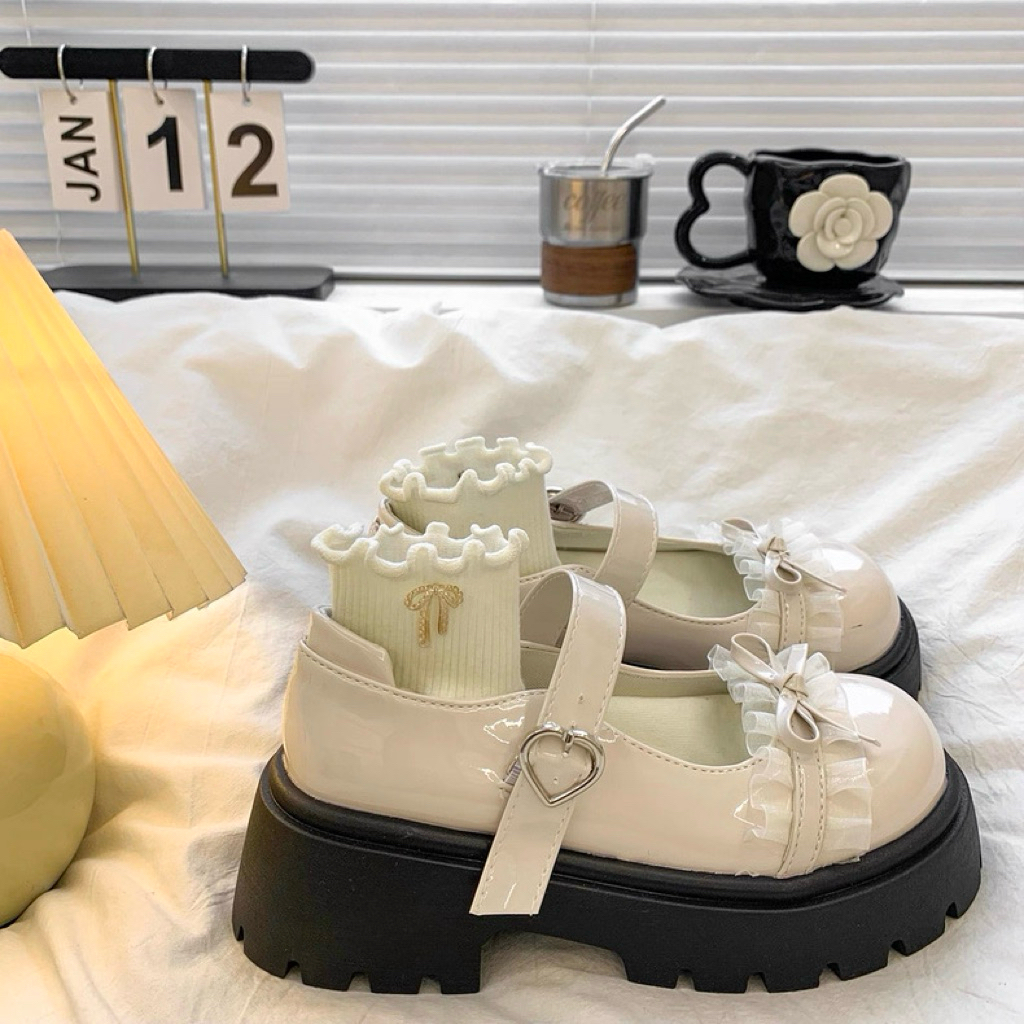 (Hàng Loại 1) Giày Búp Bê Lolita Nữ Đế Cao 4-5cm Da Bóng Mã 44 REN Xếp | BigBuy360 - bigbuy360.vn