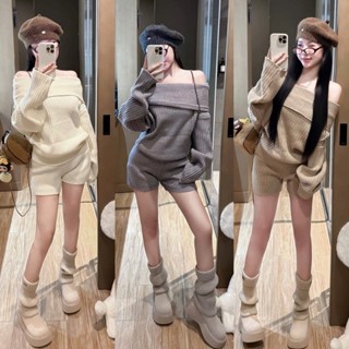  Set len nữ áo len trễ vai dài tay trơn basic kèm quần short đùi len mùa thu đông 