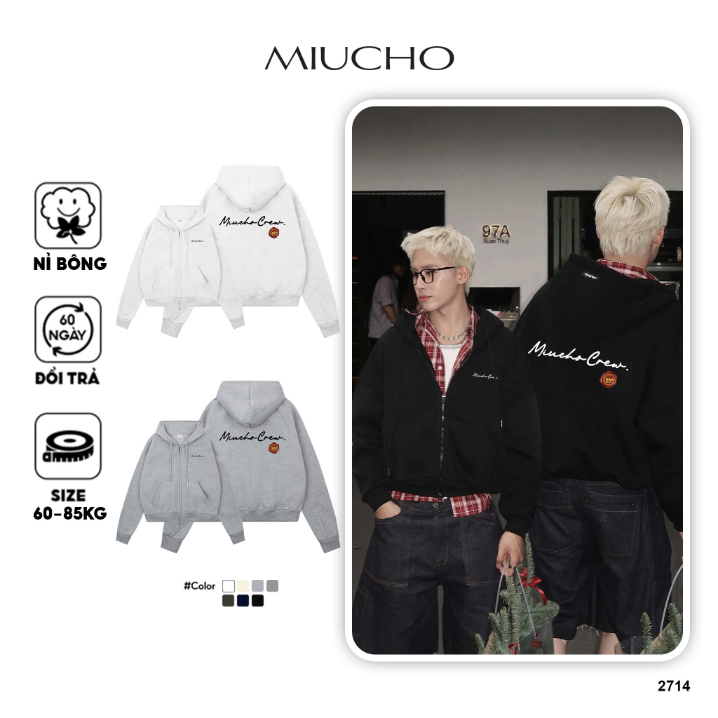 Áo hoodie zip boxy unisex Miucho nỉ 2 da cao cấp thoáng mát local brand basic dễ phối đồ in mix 2714