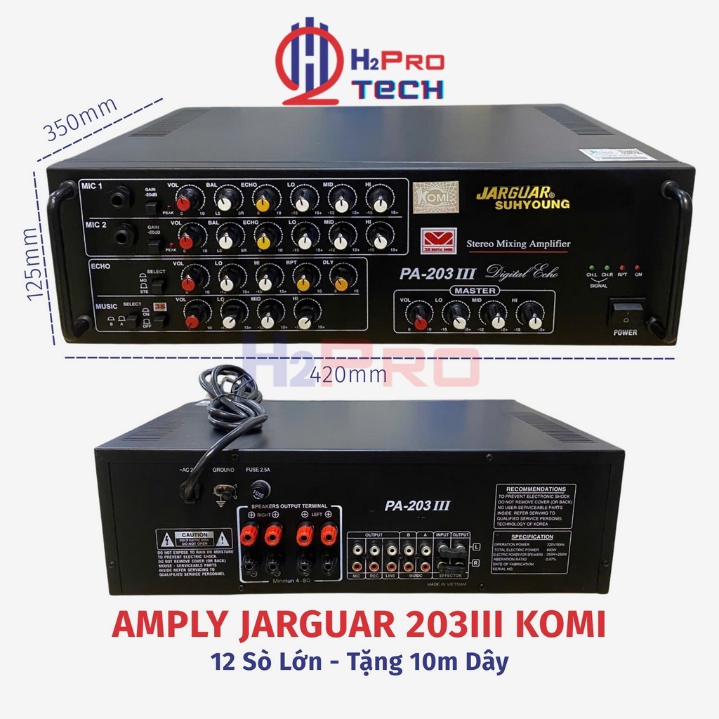 Amply Karaoke Jarguar 203III Komi 12 Sò 480W Công Suất Lớn Tặng 10M Dây, Amply Jarguar Tải 2 Cặp 25