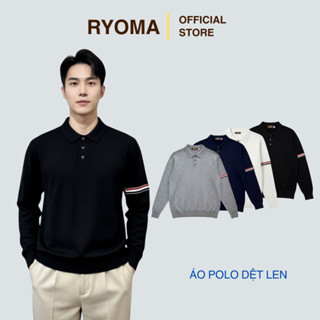  Áo Polo dệt kim RYOMA dài tay cao cấp chất len lông thỏ mềm mại kiểu dáng classic kẻ tay sang trọng NLH-10 