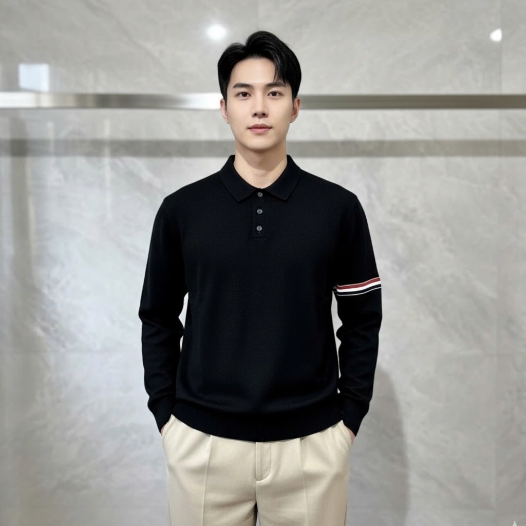 Áo Polo dệt kim RYOMA dài tay cao cấp, chất len lông thỏ mềm mại kiểu dáng classic kẻ tay sang trọng NLH-10 | BigBuy360 - bigbuy360.vn