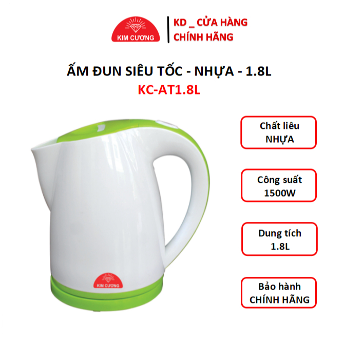 Ấm đun siêu tốc Nhựa KIM CƯƠNG KC-AT1.8L - 1.8L - HÀNG CHÍNH HÃNG - BH 12 THÁNG