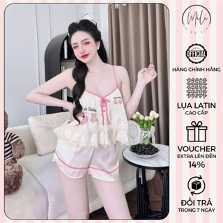 Đồ Bộ Ngủ Nữ, Đồ Mặc Nhà Lụa Latin Cao Cấp MiLi – Áo 2 Dây Croptop Thắt Nơ, Nút Bọc Phối Ren Bèo 2 Tầng, Quần Đùi Có Túi