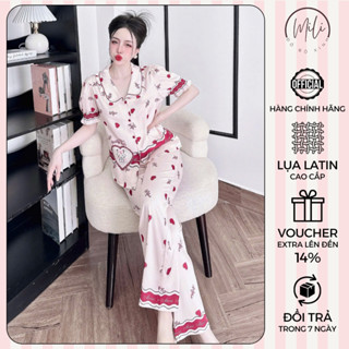 Đồ Bộ Pijama Nữ Tay Ngắn Phối Cổ Bèo Viền Bèo MiLi – Áo Tay Ngắn, Quần Dài Có Túi – Vải Lụa Latin Mềm Mịn Cao Cấp