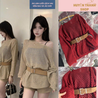 (TẶNG ĐAI ) Áo Len Lưới Lệch Vai Dài Tay ,Huyền Thanh Shop,chất mongtoghi,freesize cho nữ dưới 58kg