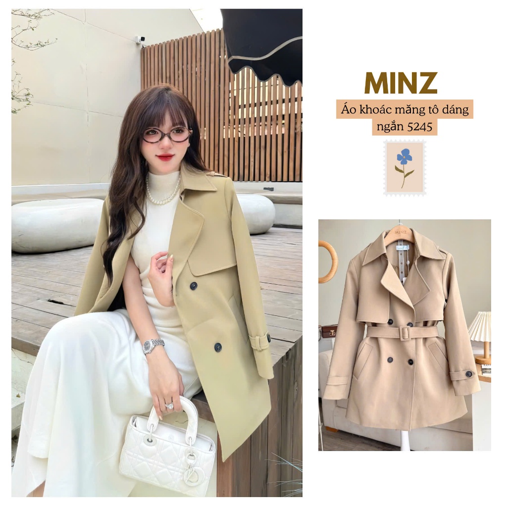  Áo Khoác Măng Tô Dáng Ngắn MINZ STORE Mã 5245 Thiết Kế Kèm Đai Phong Cách Công Sở 