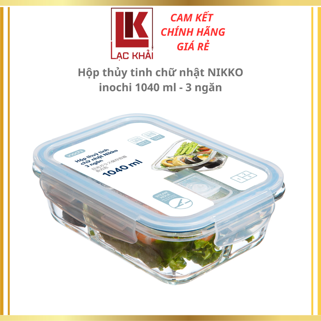 Hộp thuỷ tinh chữ nhật Nikko Inochi dung tích 1040ml, 3 ngăn bảo quản thực phẩm tươi