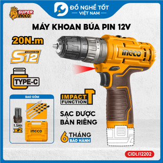  Máy khoan pin có búa 12V INGCO CIDLI12202 khoan tường gạch khoan gỗ khoan sắt tháo mở vít 