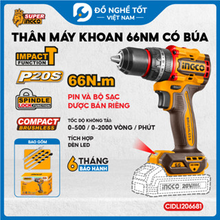 Thân Máy khoan pin 20V ba chức năng có búa motor không chổi than, lực siết 66Nm INGCO CIDLI206681