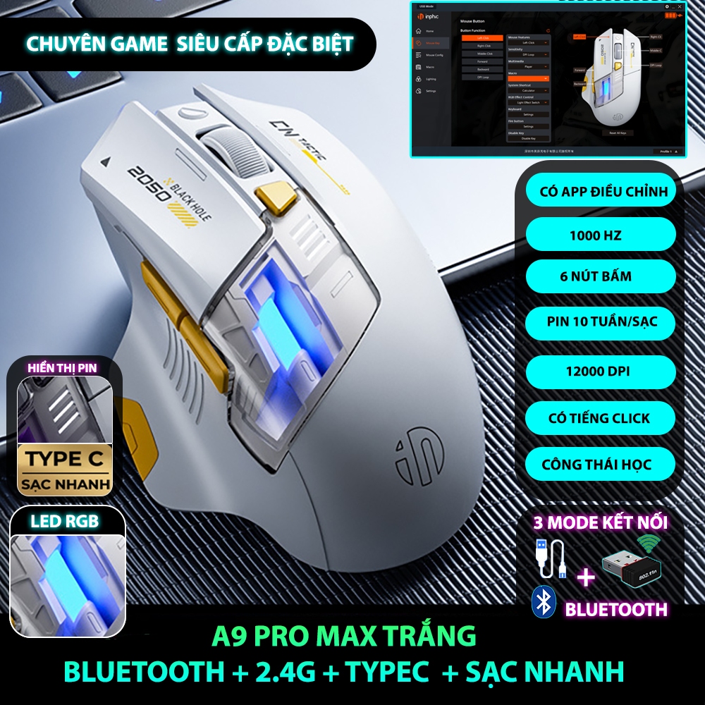 Chuột không dây gaming SIDOTECH INPHIC A9PRO sạc pin bluetooth wirless 3 mode có app 6 nút 1000hz