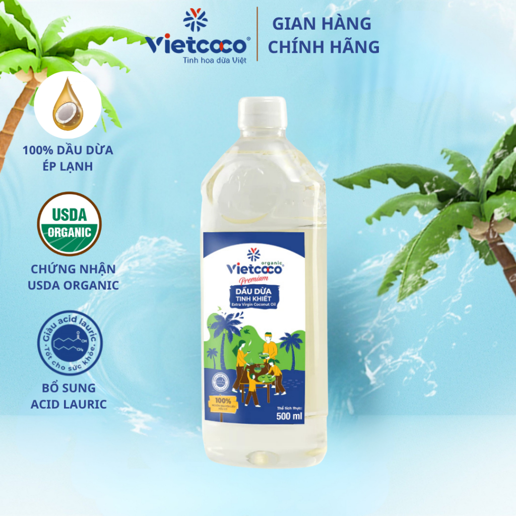 Dầu Dừa Vietcoco Tinh Khiết Ép Lạnh 100% Hữu Cơ Dưỡng Ẩm Da, Chăm Sóc Tóc Và Hỗ Trợ Trắng Răng - Cha