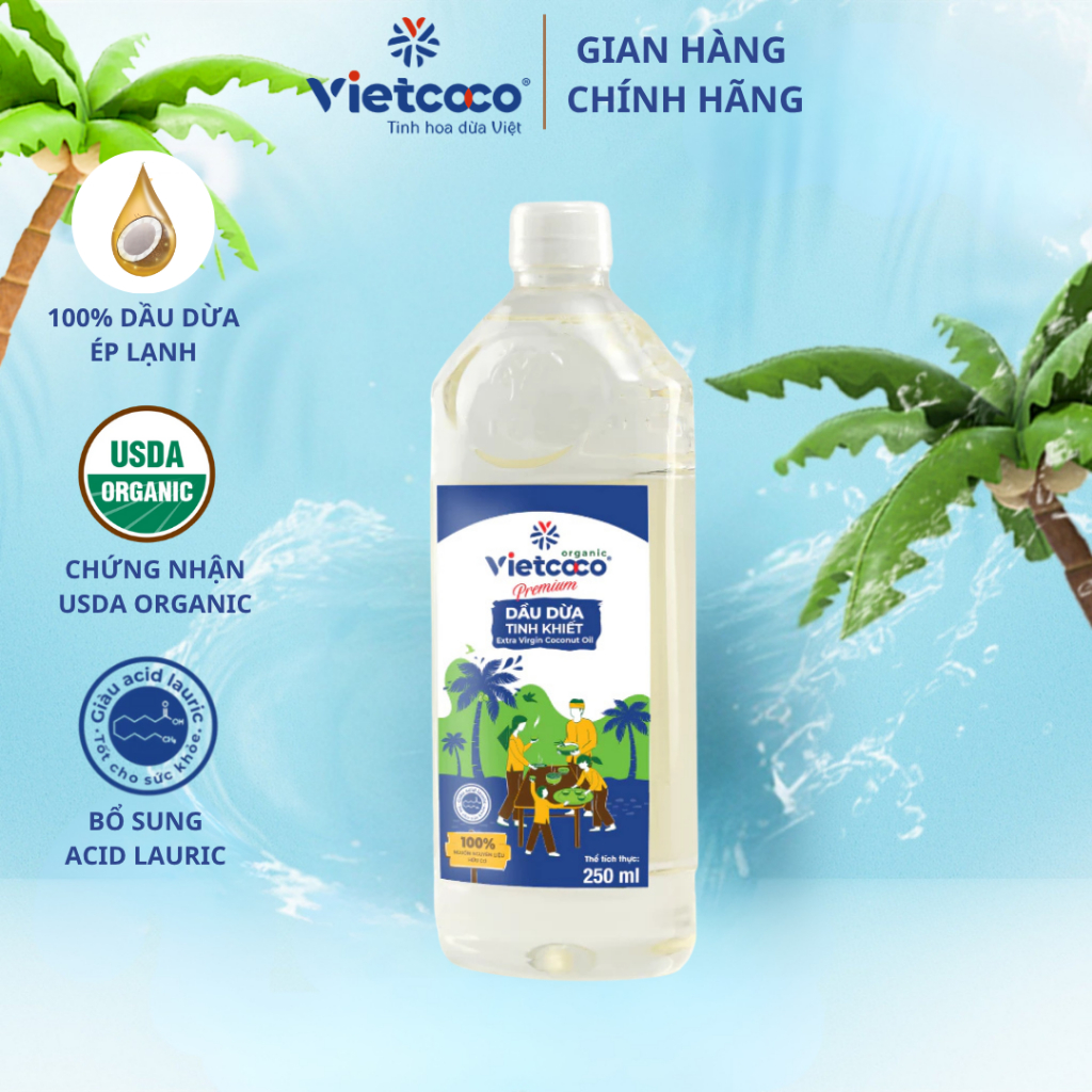 Dầu Dừa Vietcoco Tinh Khiết Ép Lạnh 100% Hữu Cơ Dưỡng Ẩm Da, Chăm Sóc Tóc Và Hỗ Trợ Trắng Răng- Chai
